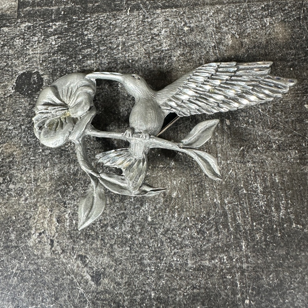 Pewter Spoon Hummingbird Flower Brooch Pin 3825 Vintage Nature Bird Jewelry